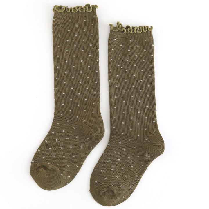 girls' olive green knee socks with ivory dot pattern and lettuce trim