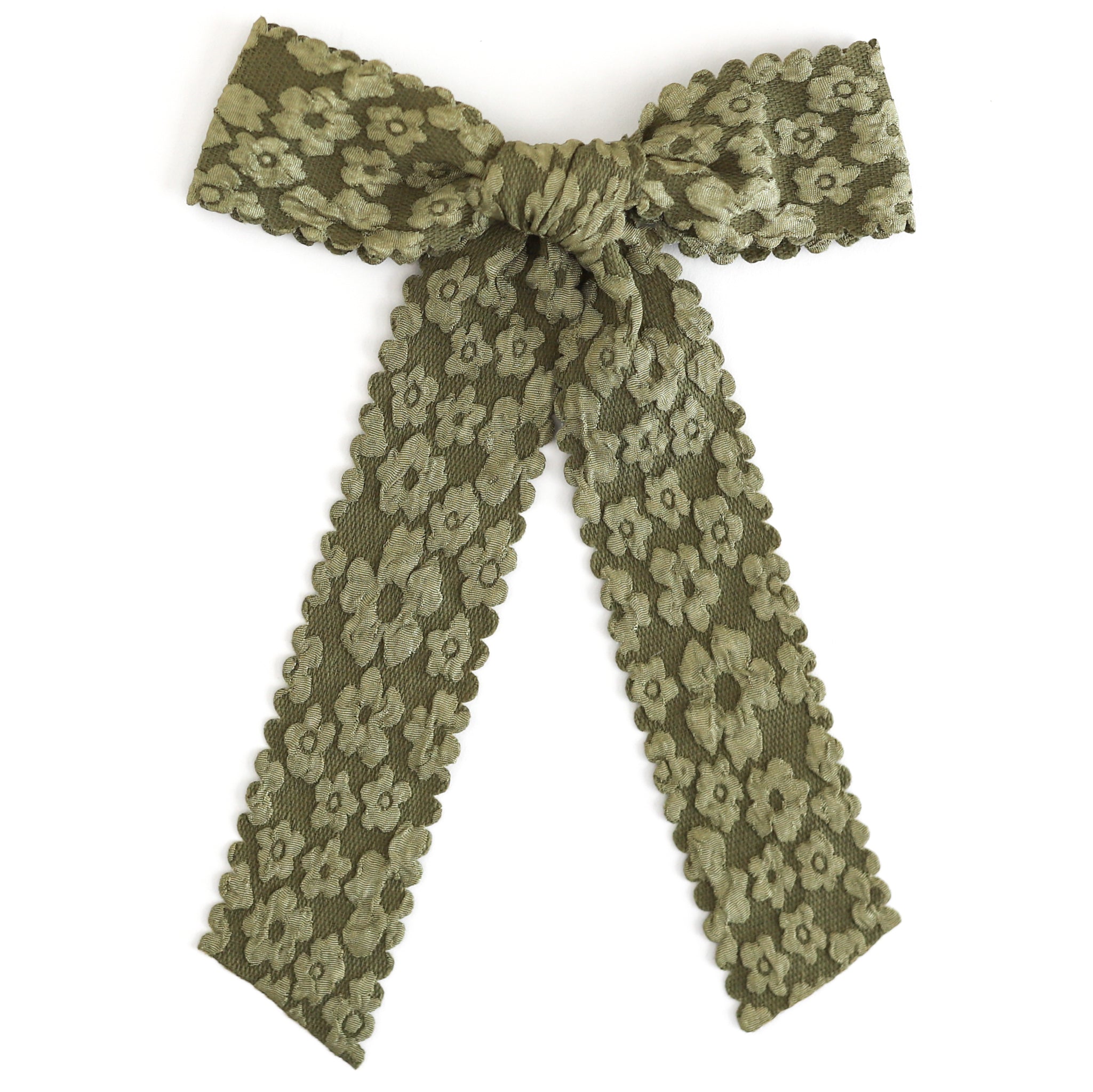 girls olive green floral bow with scalloped edges on alligator clip