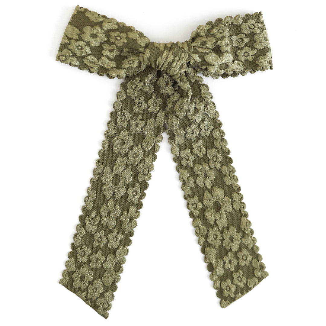 girls olive green floral bow with scalloped edges on alligator clip