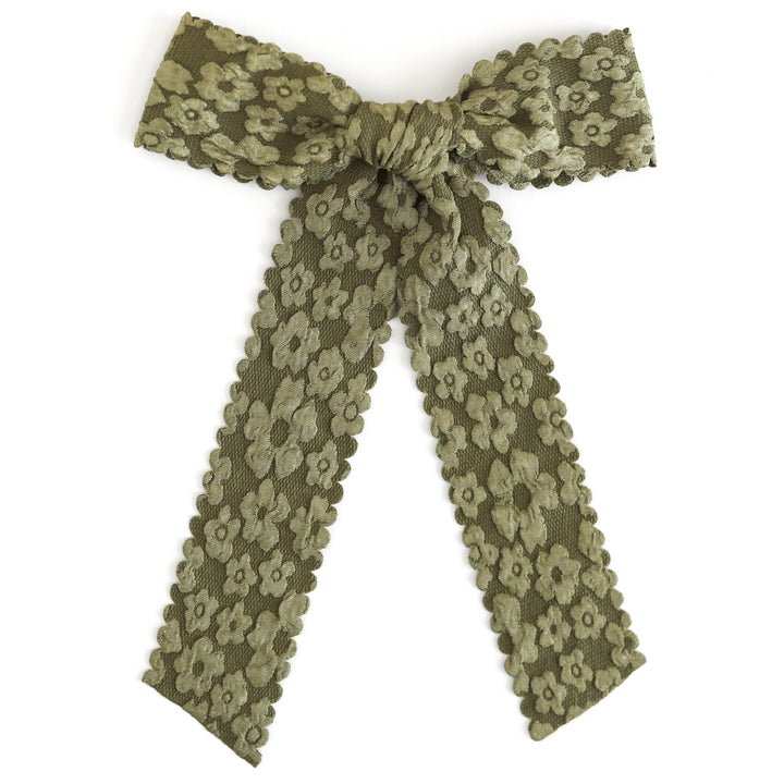 girls olive green floral bow with scalloped edges on alligator clip