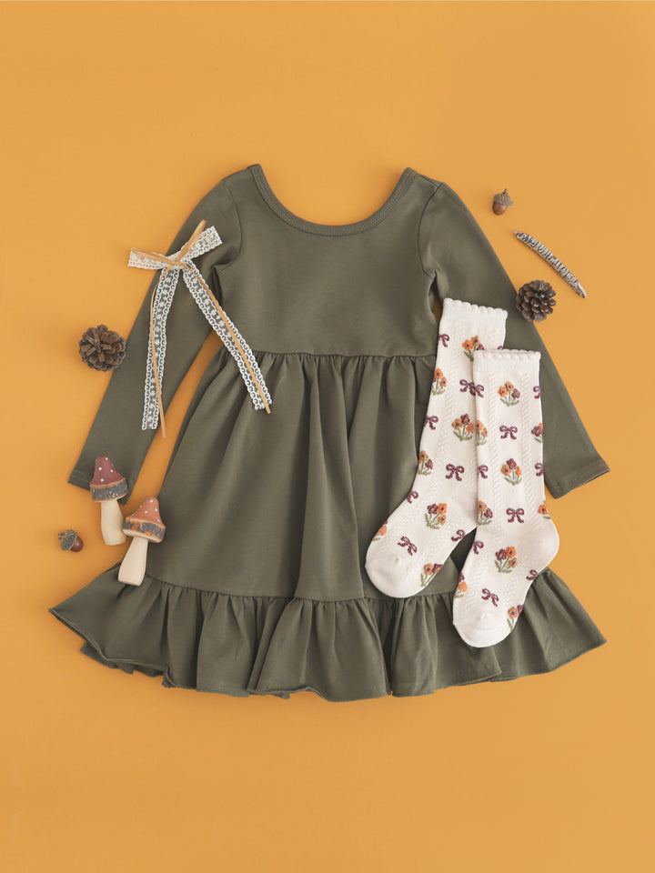 girls' long sleeve cotton blend olive twirl dress for fall paired with fall floral knee-high socks and matching cream and mustard lace ribbon bow
