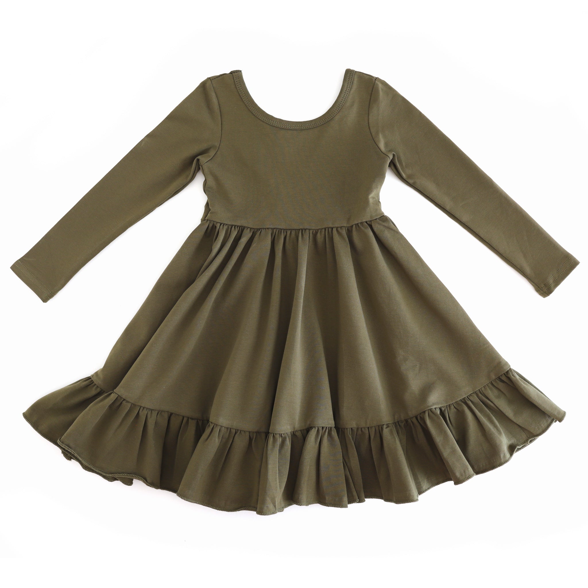 girls' long sleeve cotton blend charm dress in olive for fall