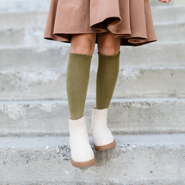 girls knee high socks in olive green for fall