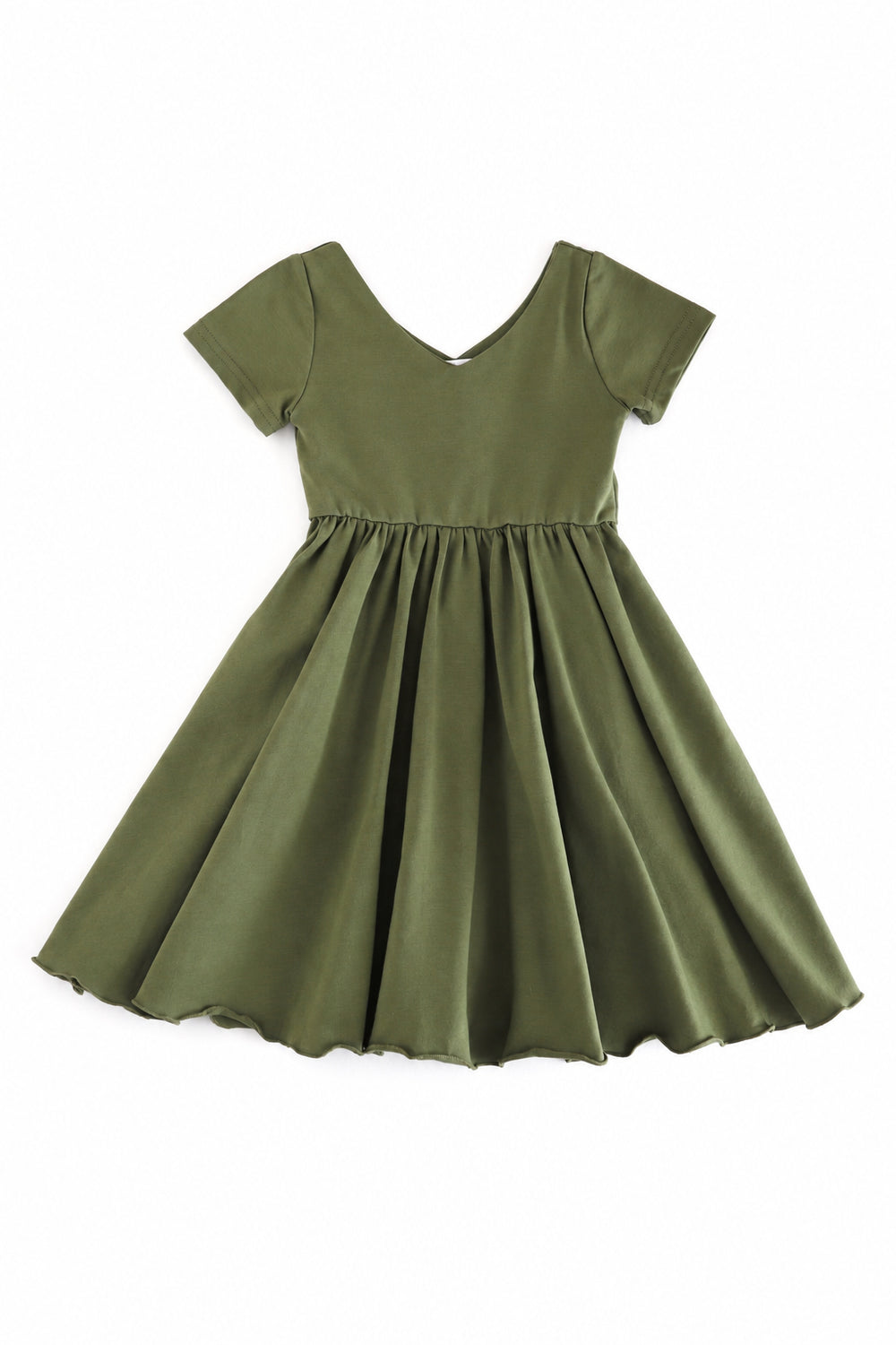 girls' solid olive green twirl dress with v-shaped neckline and lettuce trim skirt