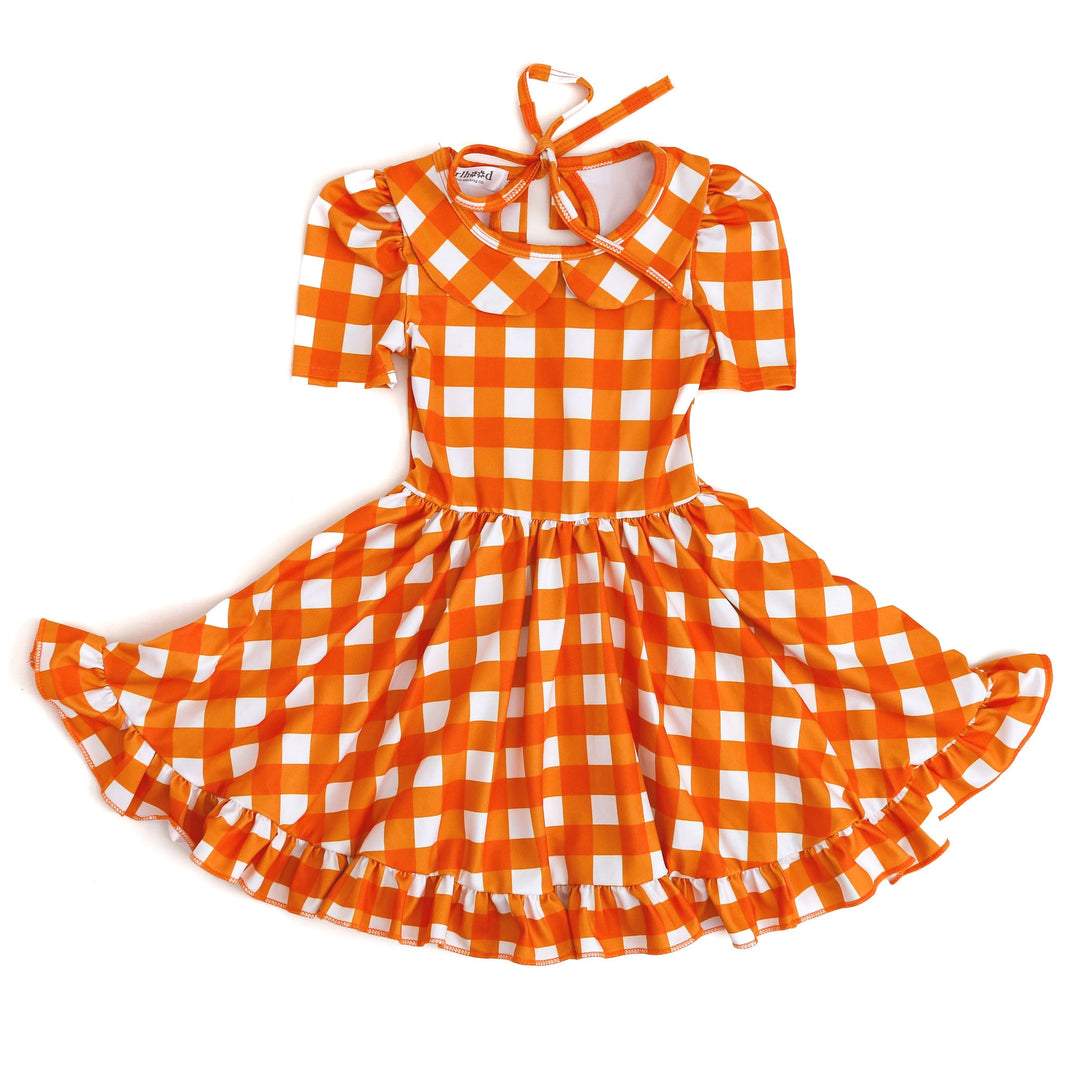 girls' orange and white gingham twirl dress