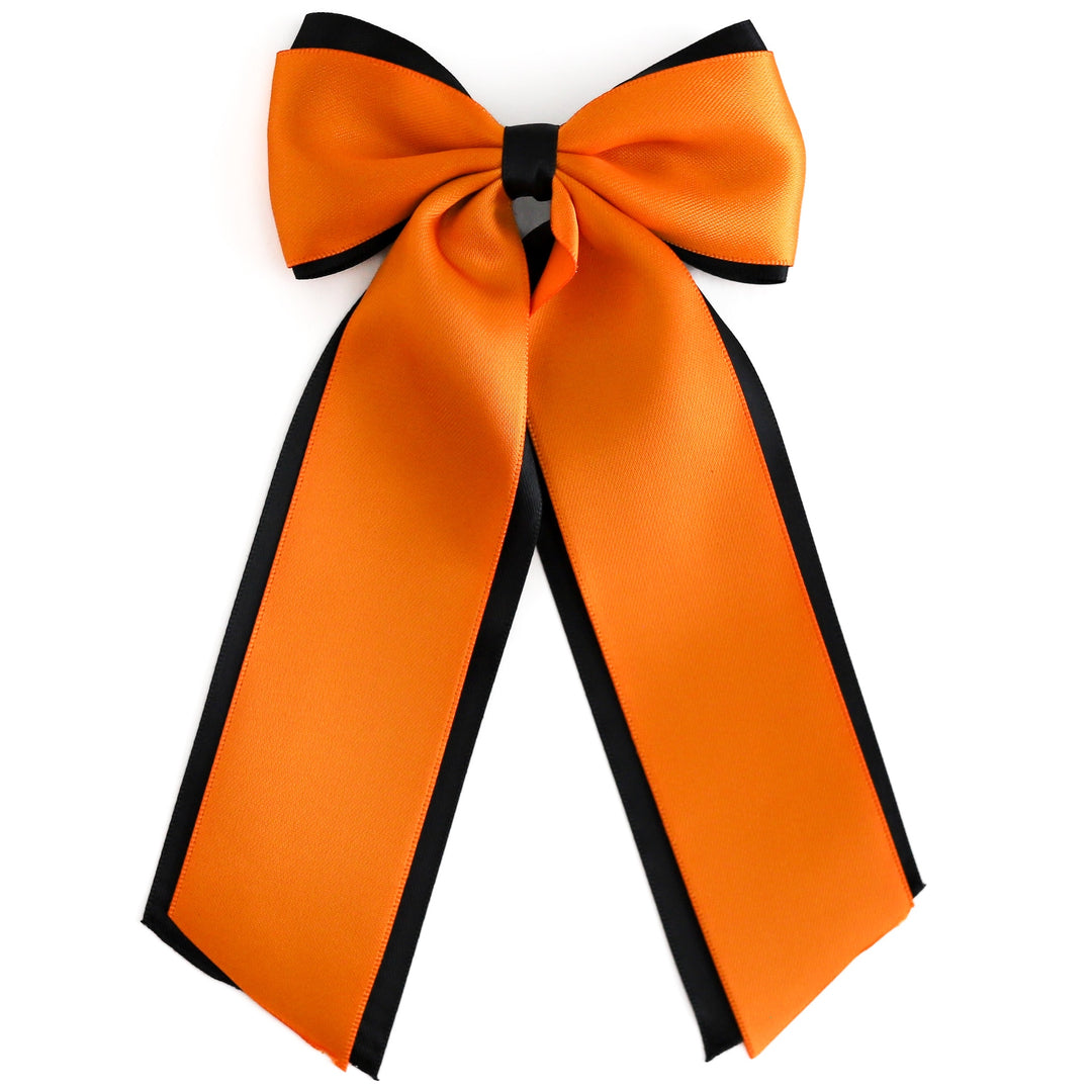 girls thick black and orange layered ribbon hair bow on clip for Halloween
