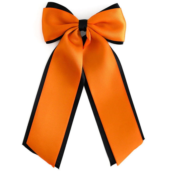 girls thick black and orange layered ribbon hair bow on clip for Halloween