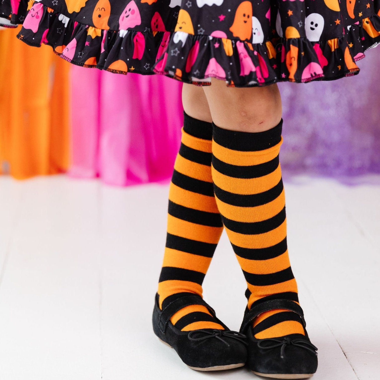 halloween knee high socks orange and black stripes with ghosts dress