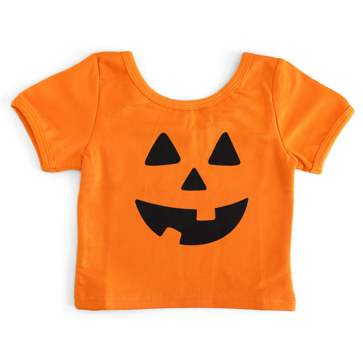 girls' orange stretchy cotton blend t-shirt with black jack-o-lantern face design