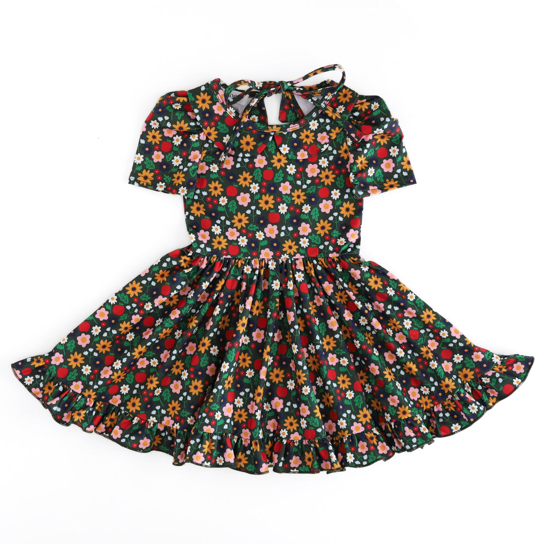 girls' short sleeve, deep green collared twirl dress with apple and floral print for apple picking and back to school