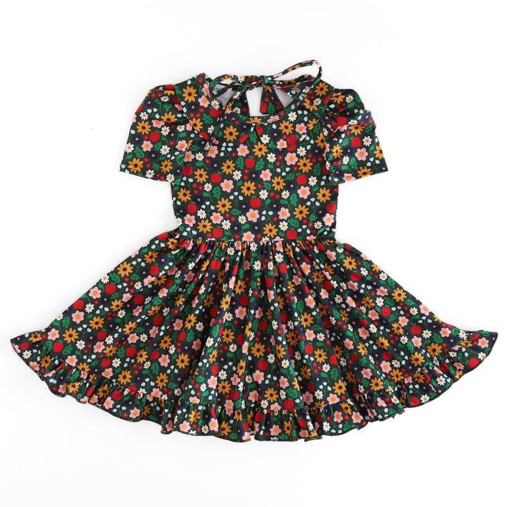 girls' short sleeve, deep green collared twirl dress with apple and floral print for apple picking and back to school