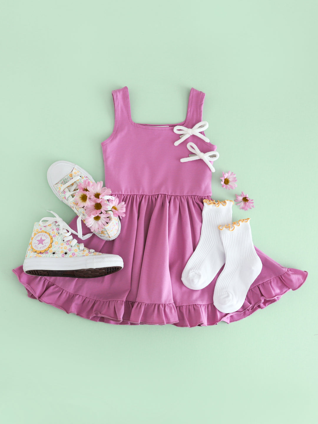 girls' solid orchid sleeveless summer twirl dress paired with sunshine lettuce trim midi socks, white yarn pigtail bows and floral sneakers