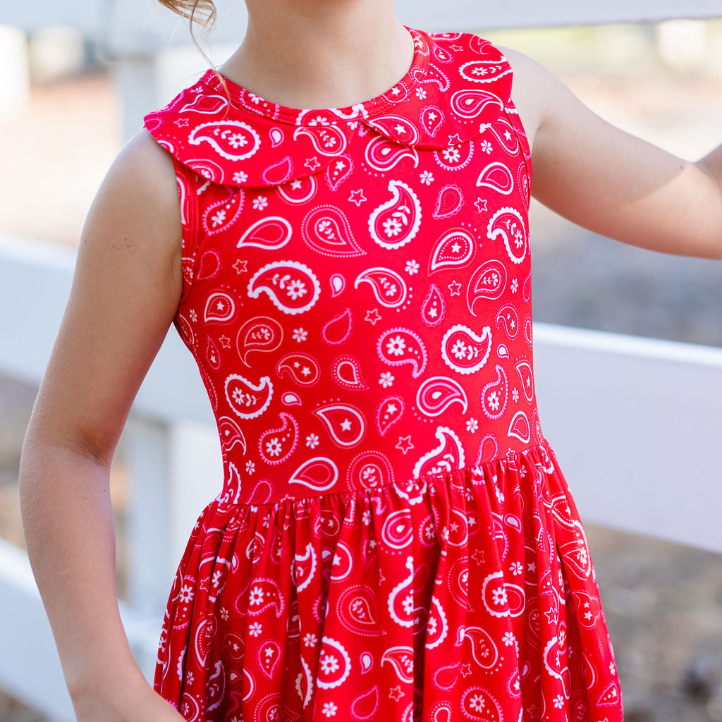 detail image of red and pink paisley print twirl dress with peter pan collar