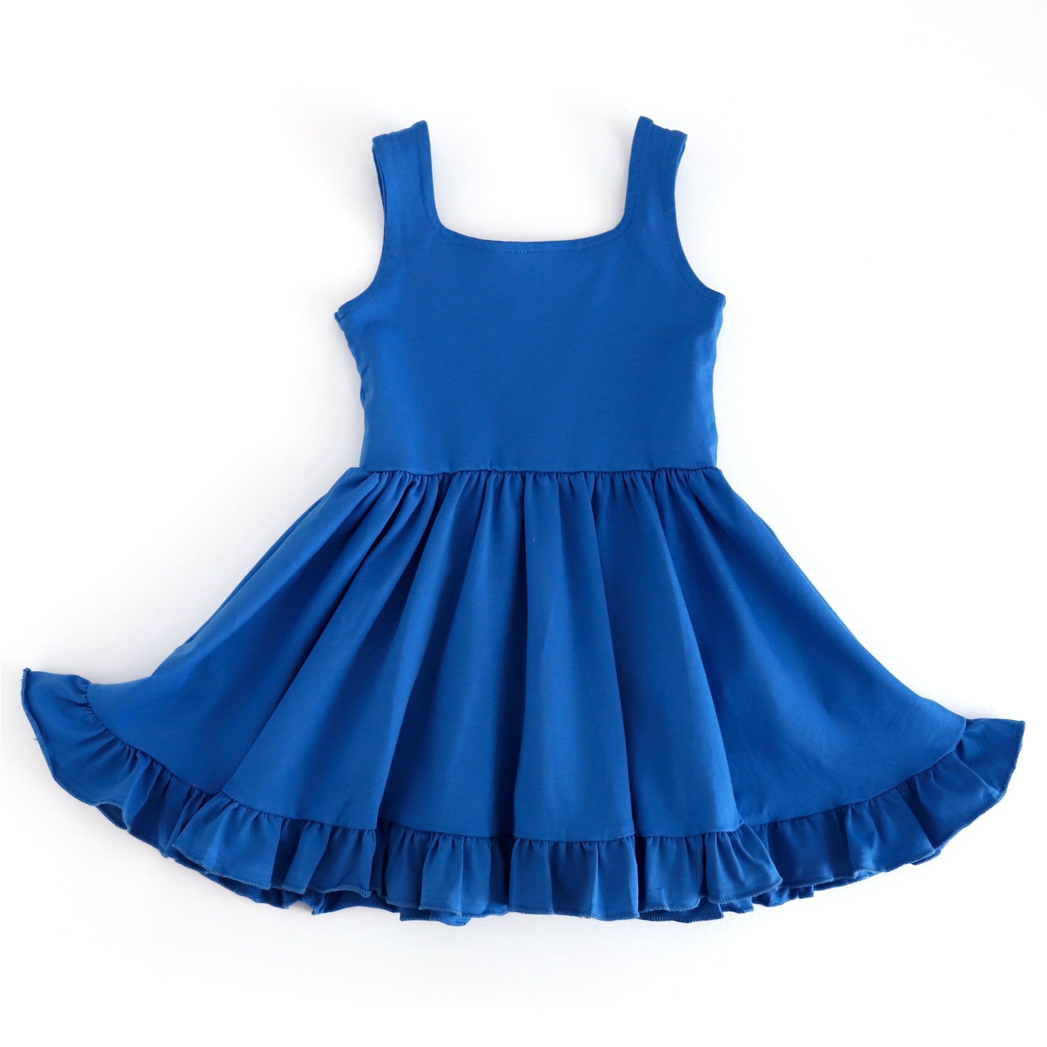girls royal blue sleeveless square neck twirl dress with ruffle hem