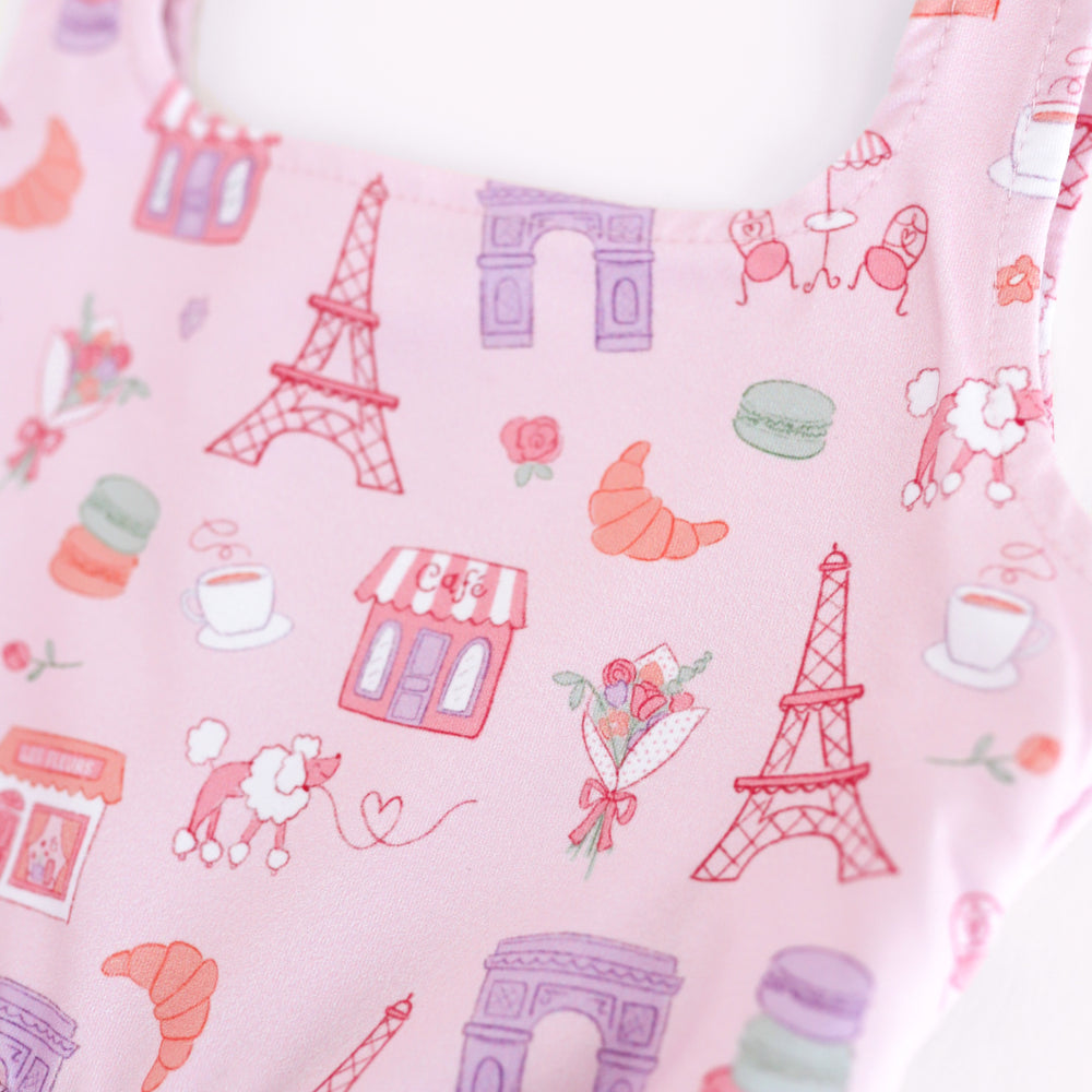 girls twirl dress with Paris print detail featuring French pastries, poodles and Eiffel tower