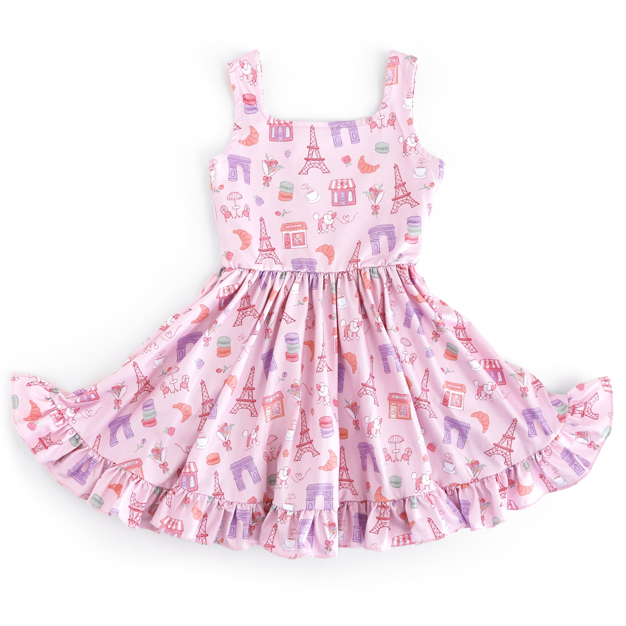 girls pink Paris print sleeveless summer twirl dress with square neckline