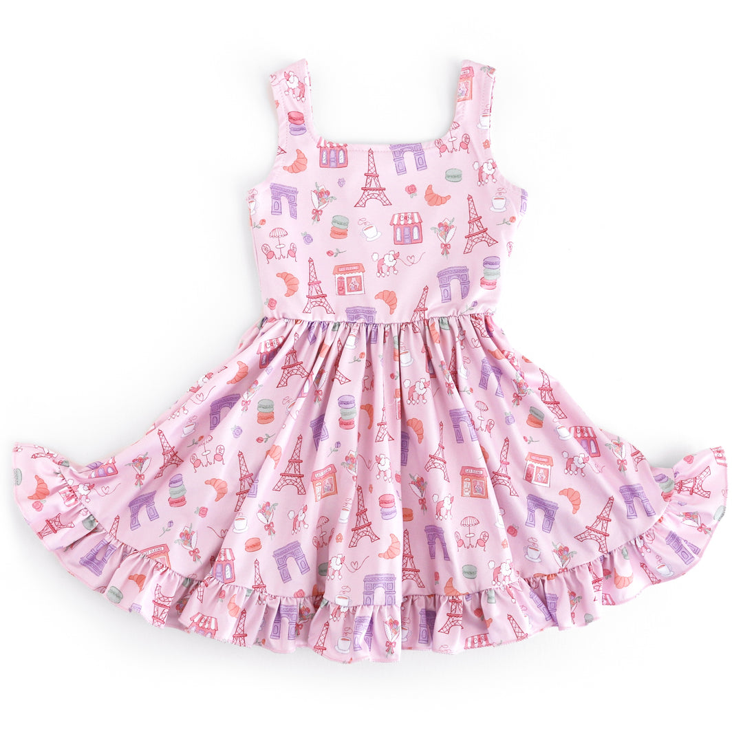 girls pink Paris print sleeveless summer twirl dress with square neckline