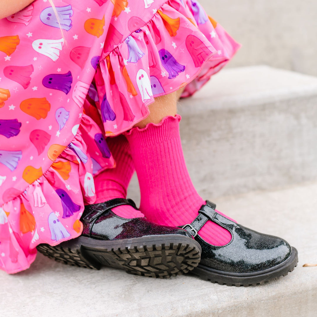 girls ribbed ankle socks in hot pink with ruffled border and matching pink ghost dress