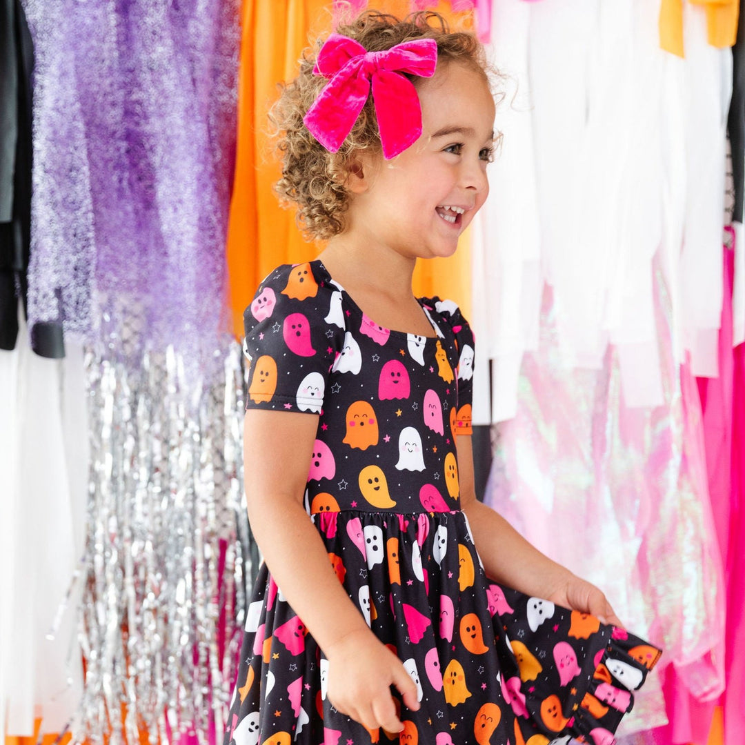 hot pink velvet hair bow with girls halloween ghost dress