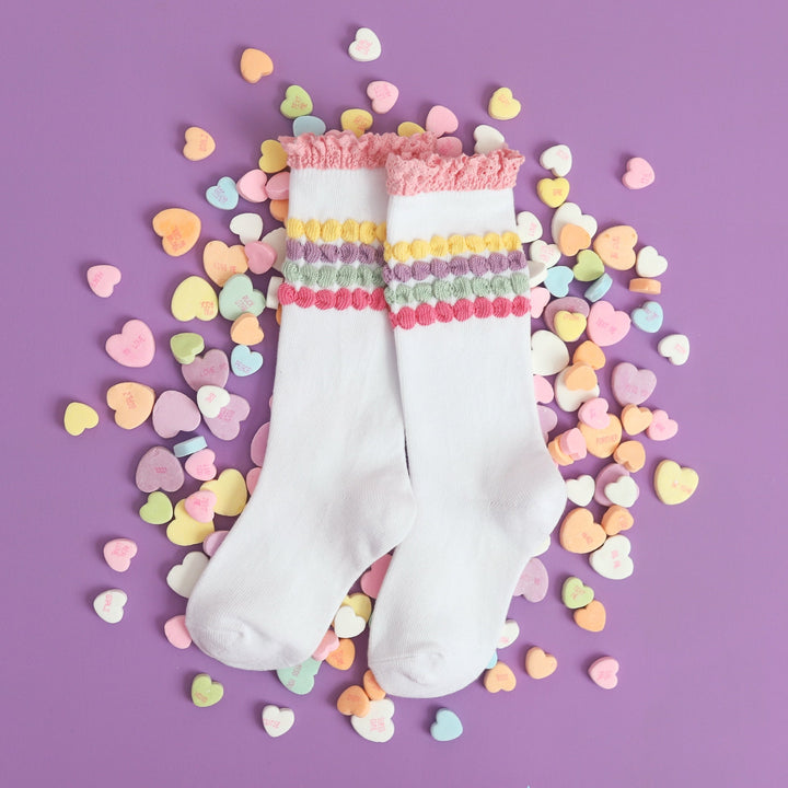 girls knee high socks in white with pastel stripe detail inspired by conversation hearts