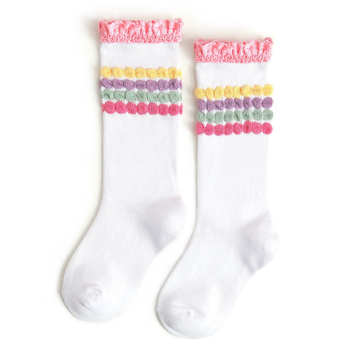 girls white knee high socks with pastel stripe embellishment and pink lace top for Valentine's Day 