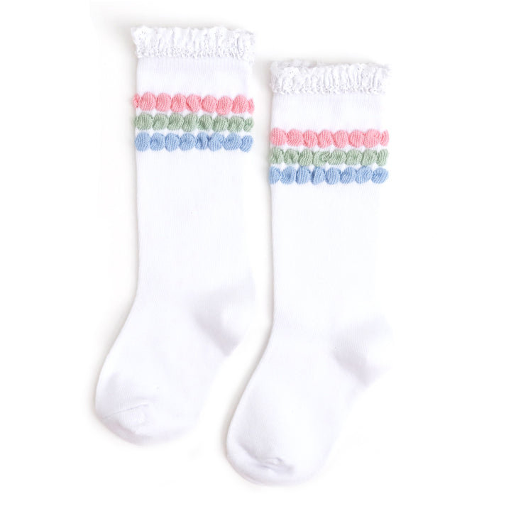 little girls white knee high socks with pastel bubbly striped embellishment