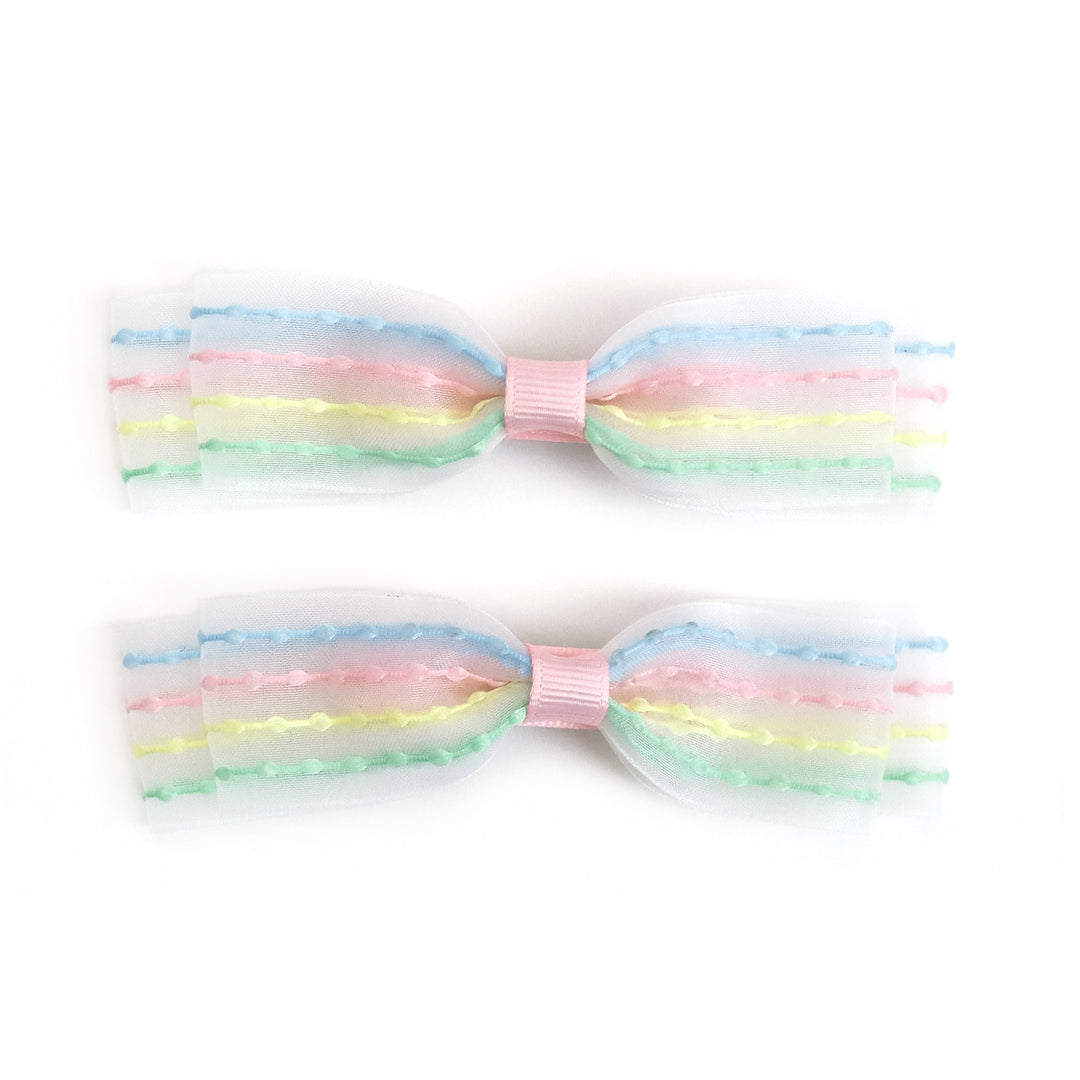 girls' sheer white pigtail bows with bubbly pastel stripes on clips for spring and easter