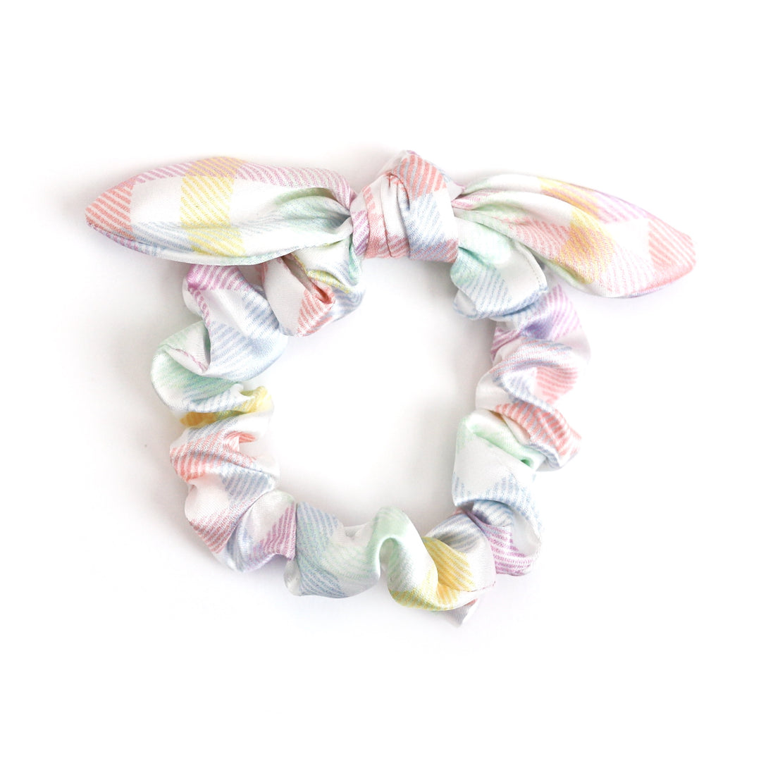 girls' satin scrunchie with knotted bow in pastel gingham print for spring