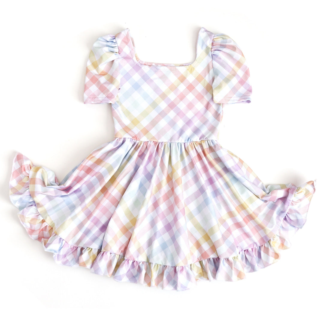 little girl's short sleeve square neck spring twirl dress with pastel gingham print on white