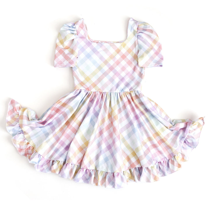 little girl's short sleeve square neck spring twirl dress with pastel gingham print on white