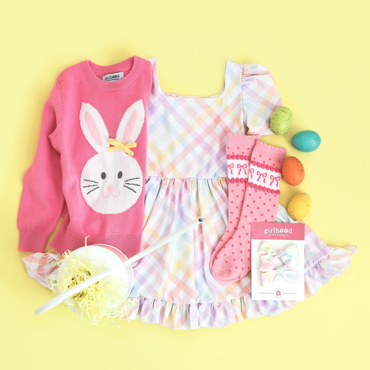 girl's Easter outfit with pink bunny sweater, pastel gingham print twirl dress and matching socks and bow