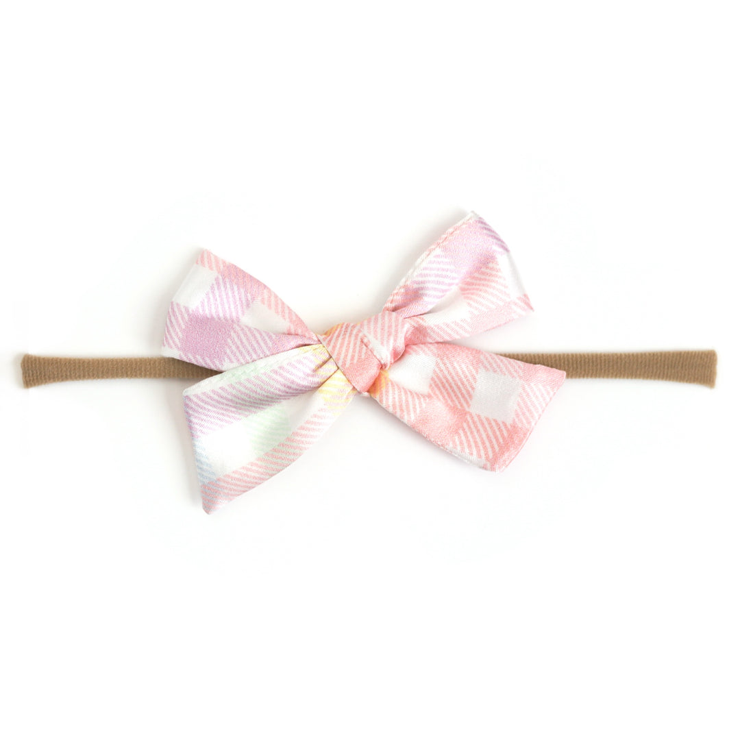 baby girls' satin pastel gingham print baby bow on stretchy nylon for spring and Easter