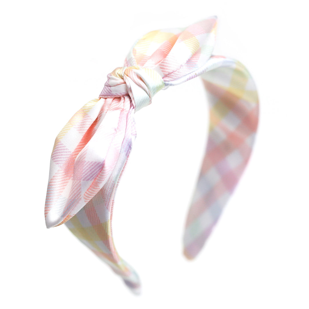girls' satin headband with knotted bow detail in pastel gingham print for spring and easter