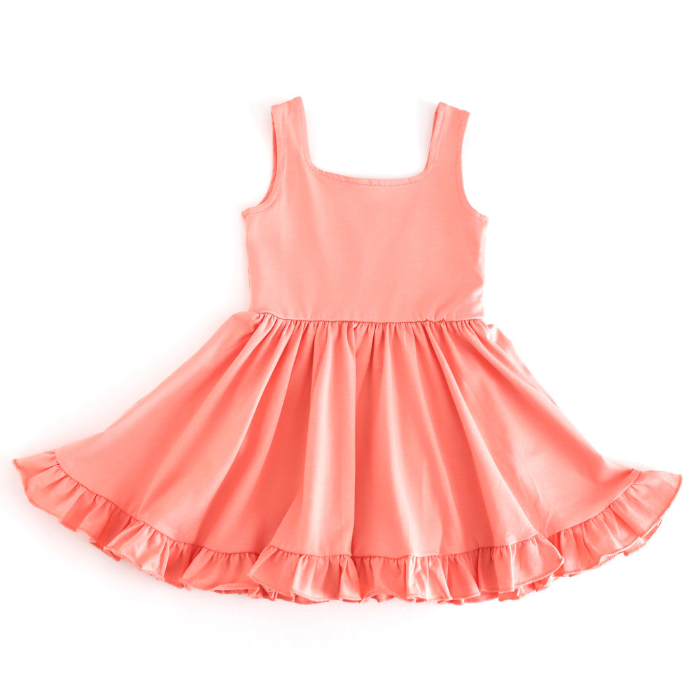 girls' sleeveless square neck cotton blend twirl dress with ruffle trim in peach