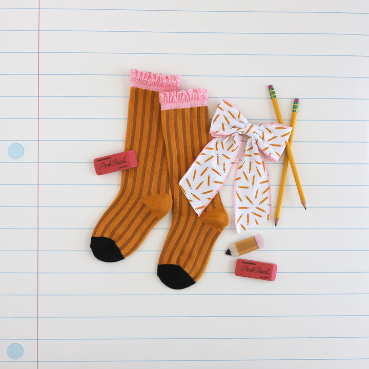 girls' pencil themed hair bow, clip and knee socks back to school