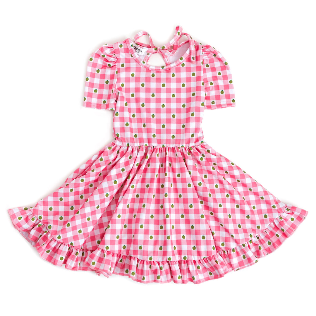 girls' pink checkered back to school dress with cute green apples