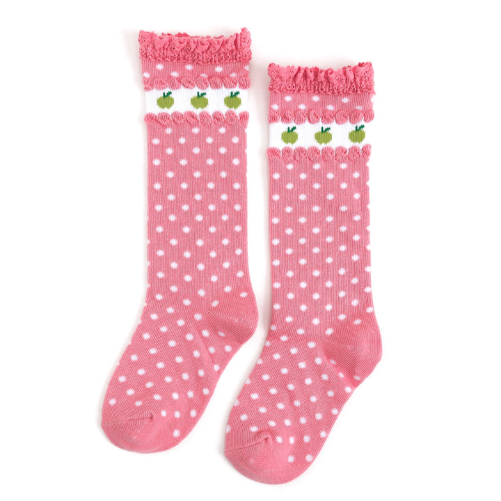 girls' back to school pink and green apple knee high socks with lace trim