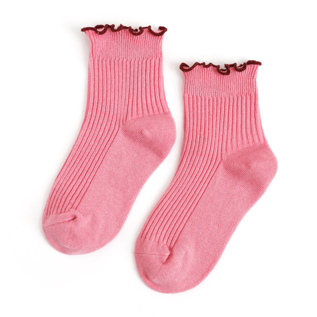 girls pink and burgundy trim ribbed midi socks