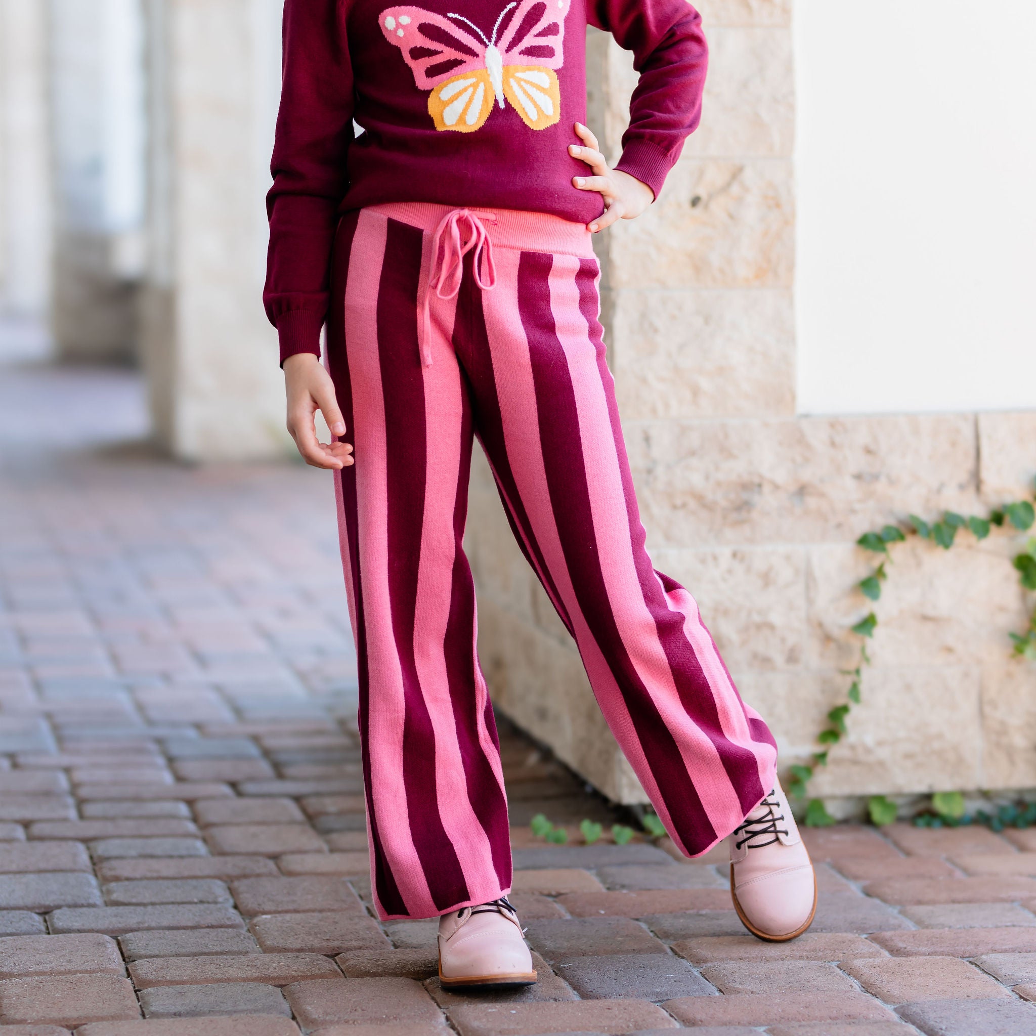 Little Stocking Company Sweater Pants Burgundy Pink Stripe 6 7 Years