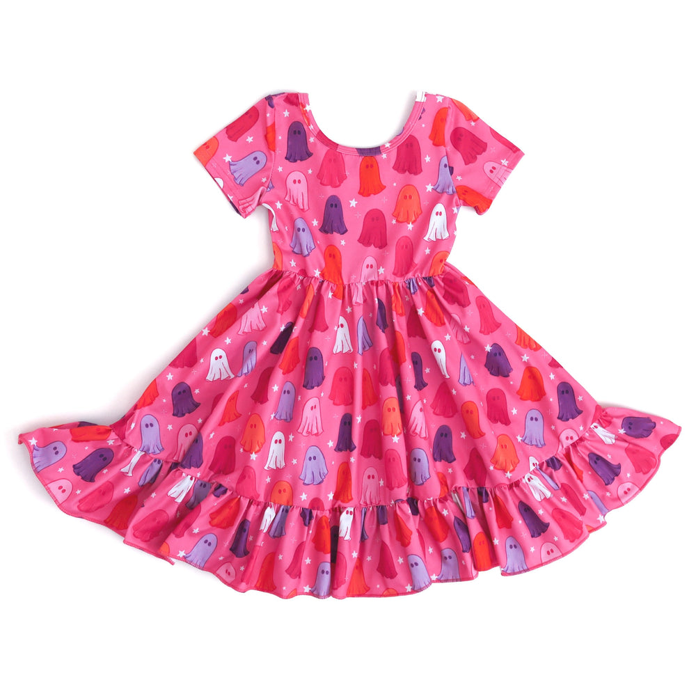 girls' pink halloween dress with sheet ghosts