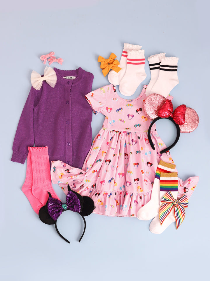 pink magical ears dress with sparkly and character minnie mouse ears and matching socks and bows