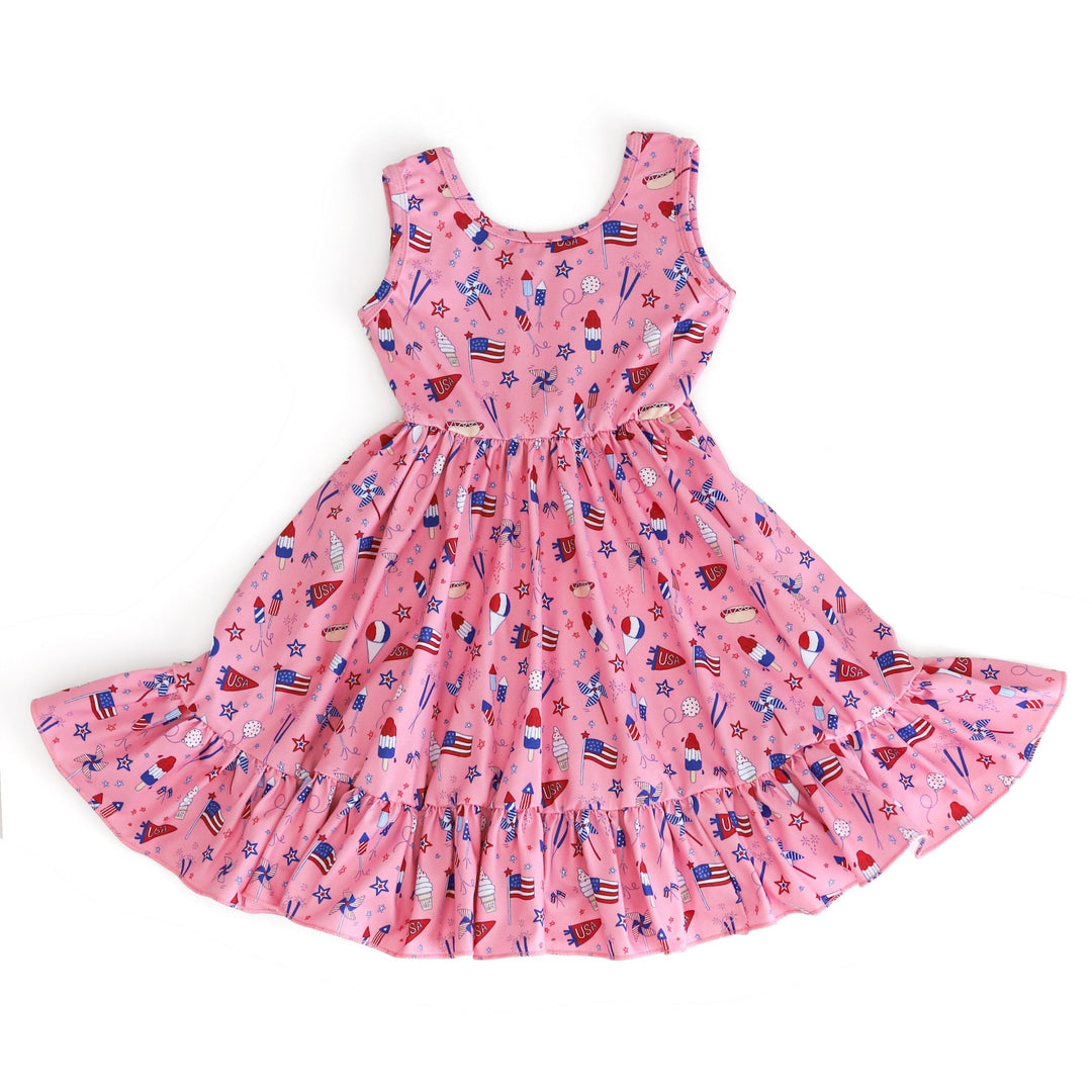 girls pink 4th of july sleeveless twirl dress with ice cream and snow cones and flags and pinwheels and more