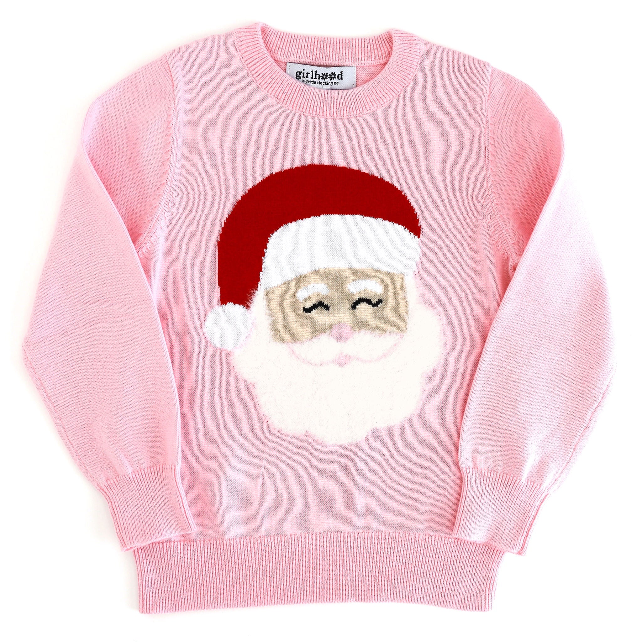 pink cotton knit pullover sweater with Santa face design featuring a fluffy beard