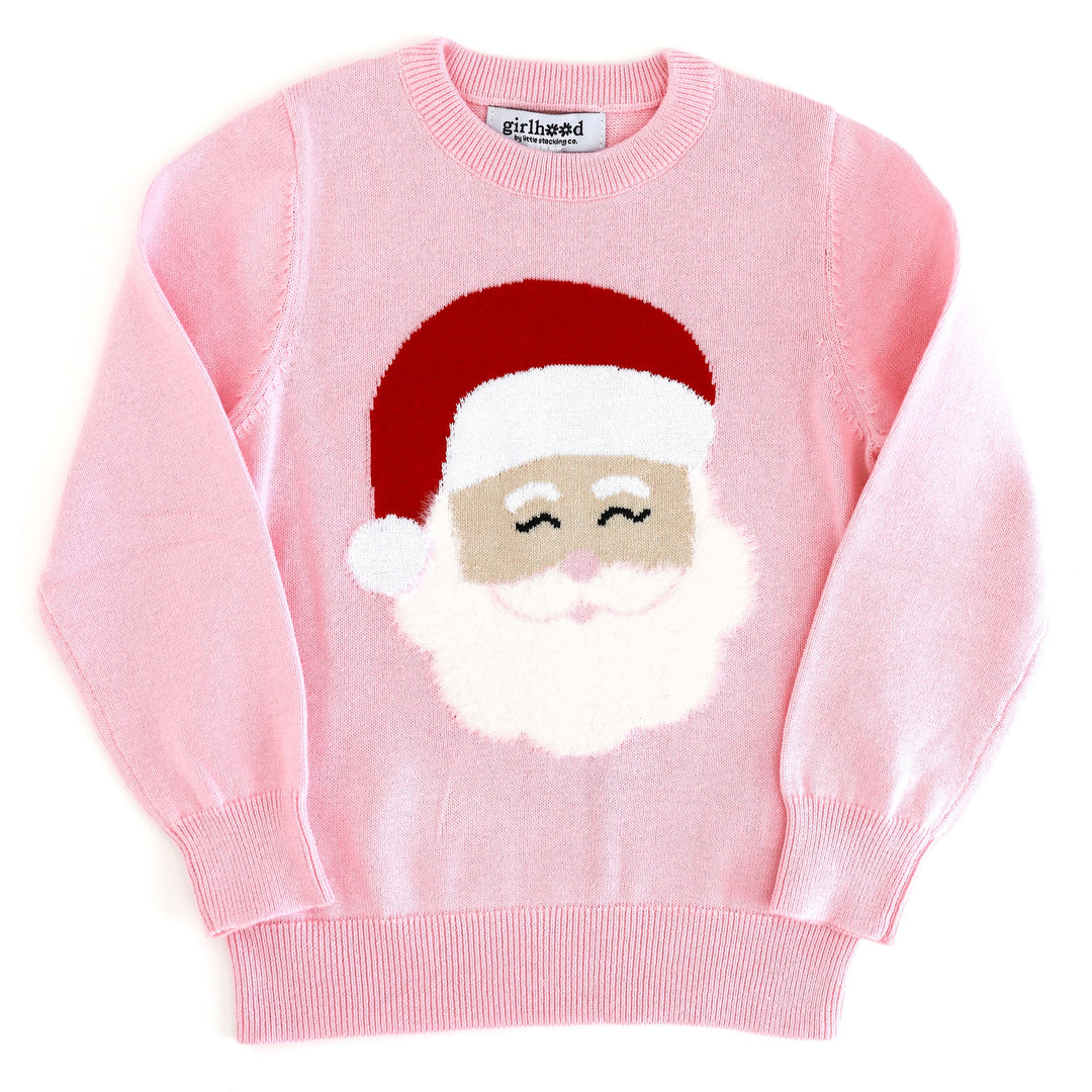 pink cotton knit pullover sweater with Santa face design featuring a fluffy beard