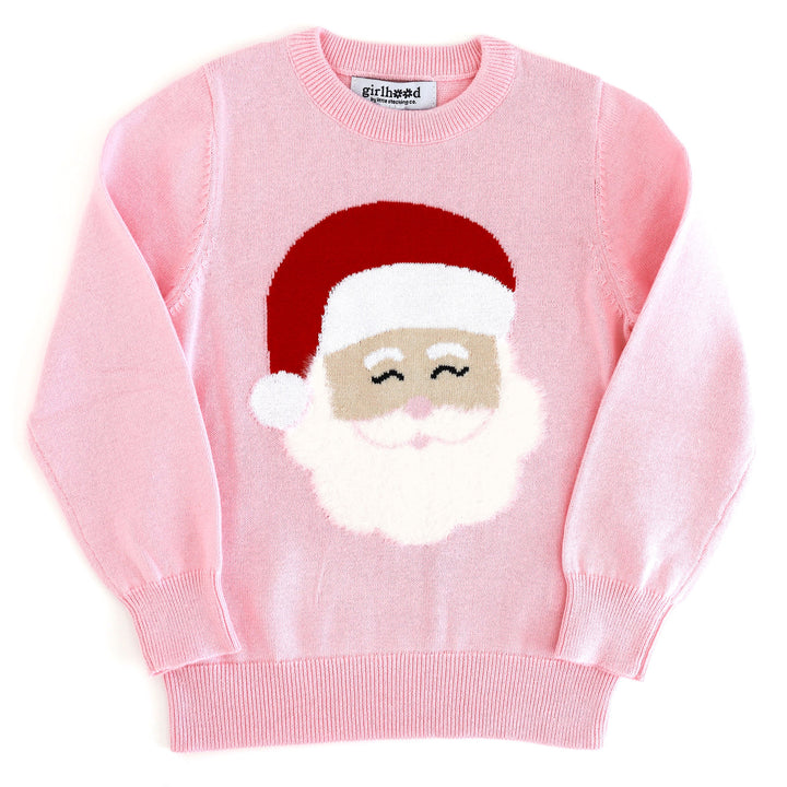 pink cotton knit pullover sweater with Santa face design featuring a fluffy beard