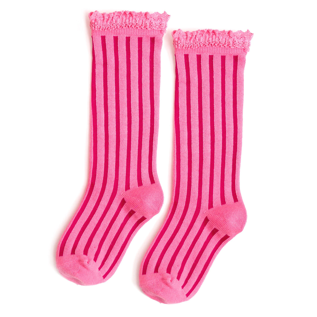 girls bright pink vertical striped knee high socks