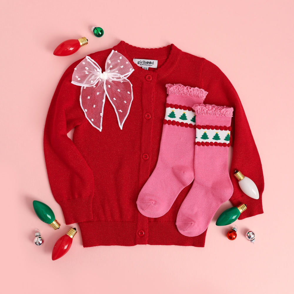 girls christmas outfit of pink tree knee highs and sparkle red cardigan and white sheer dot bow