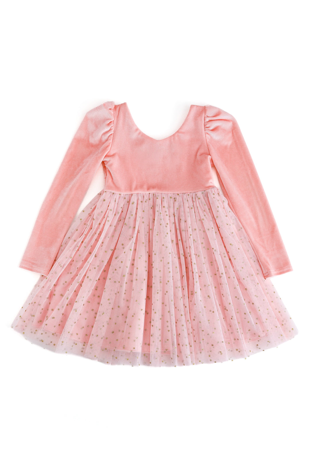 girls light pink velvet tutu dress with sparkly skirt on a white background