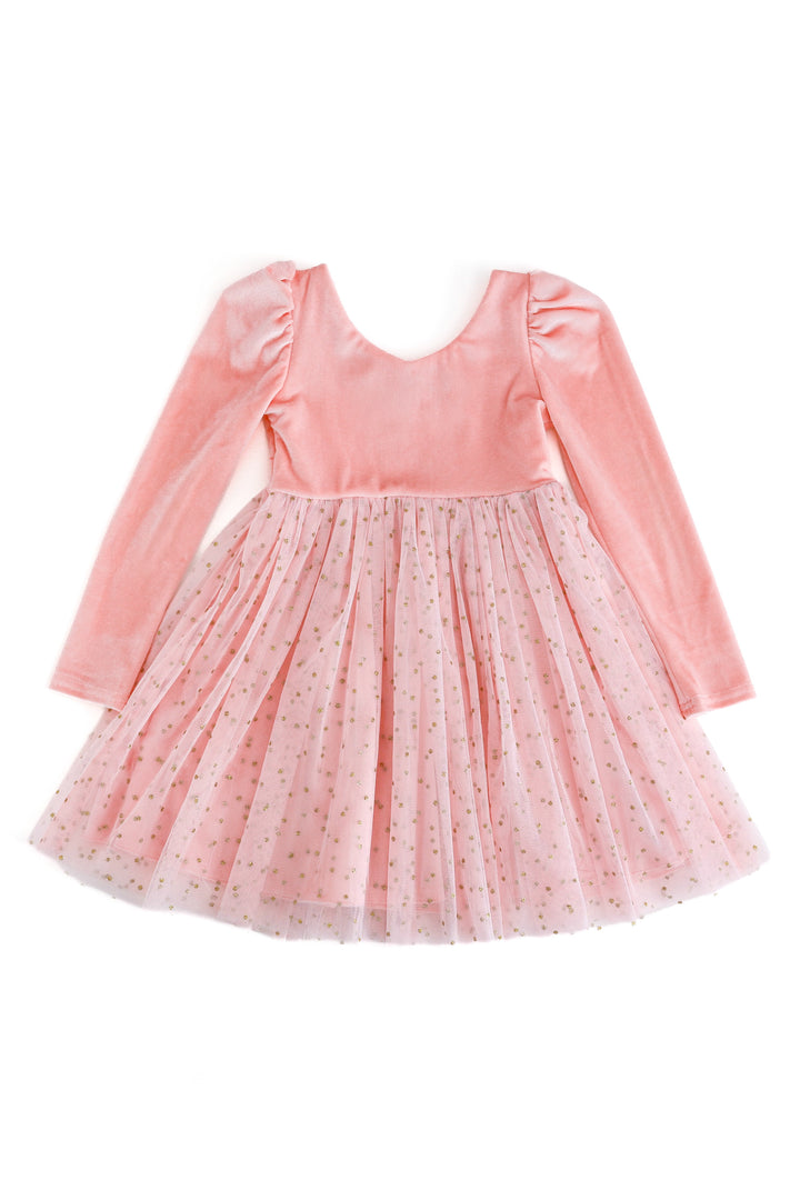 girls light pink velvet tutu dress with sparkly skirt on a white background