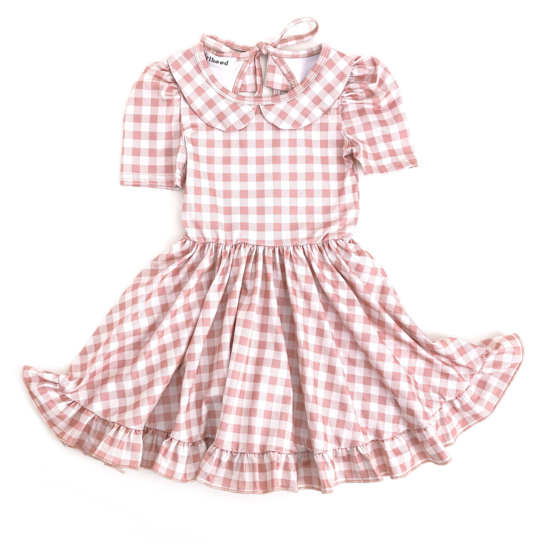 rose pink and ivory gingham twirl dress for little girls